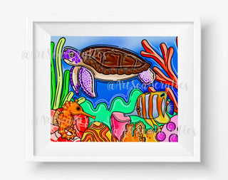 Sea Turtle Coral Reef Art Print 8x10